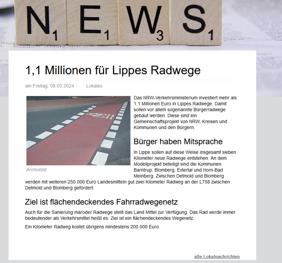 Radio Lippe - 09.03.2024 Land NRW Investitionen Radwegebau Kreis Lippe Lippe - 09.03.2024 Land NRW Investitionen Radwegebau Kreis Lippe