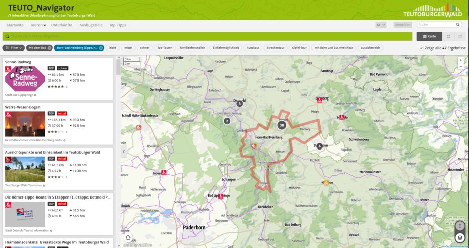 Teutonavigator Auswahlkarte Radtouren ab ADFC-Standort Bad Meinberg Teutonavigator OWL GmbH - Auswahlkarte Radtouren