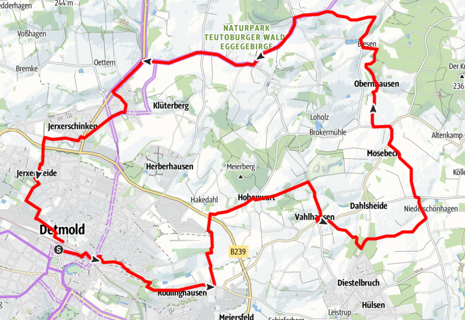 Detmold 1. Tour - Karte Norden und Osten von Detmold Detmold 1. Tour Karte Feierabendtour über die Hügel im Osten und Norden