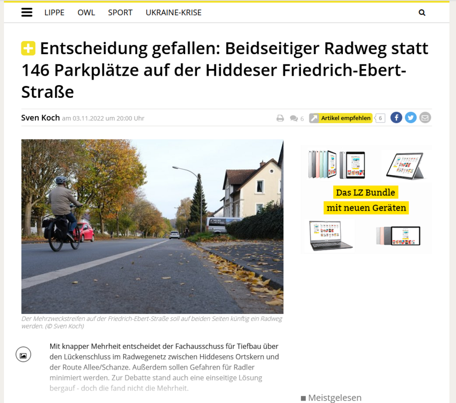 LZ - Detmold, Bericht politischer Beschluß Pro Radverkehr Friedrich-Ebert-Straße LZ Bericht Detmold - Politische Entscheidung für mehr Sicherheit für Radfahrende auf der Friedrich-Ebert-Straße