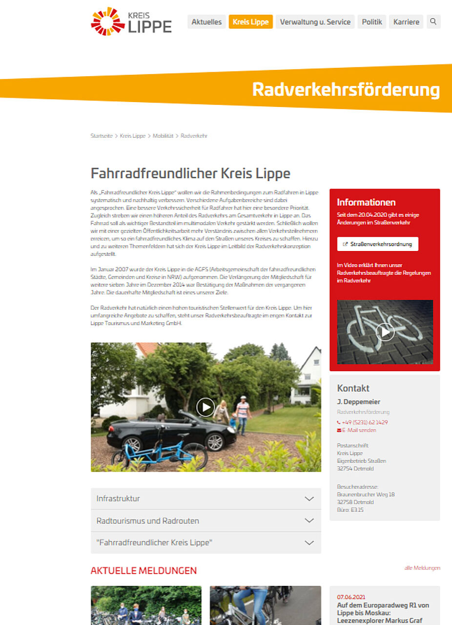 Kreisverwaltung Lippe Screenshot Web Radverkehr Radverkehrsinformationen auf www.kreis-lippe.de