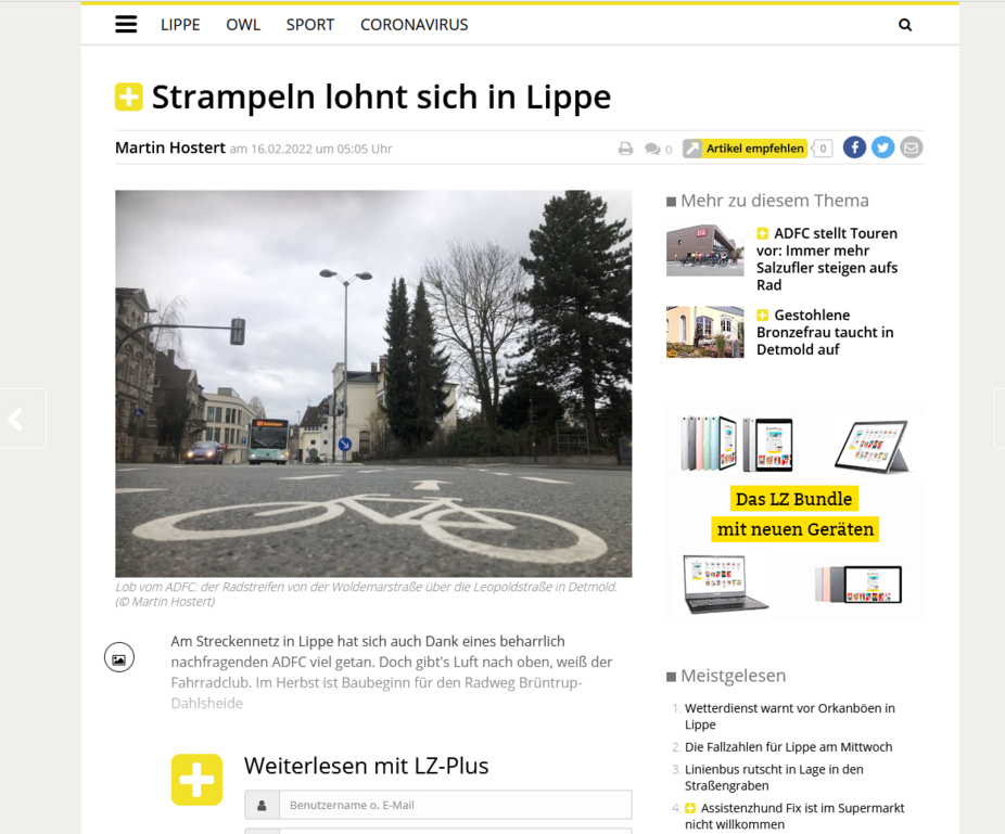 2022 02 16 LZ Region Lippe Radverkehrsnetz Bericht Lippische Landeszeitung aktueller Bericht Radverkehrsnetz vom 16.02.22