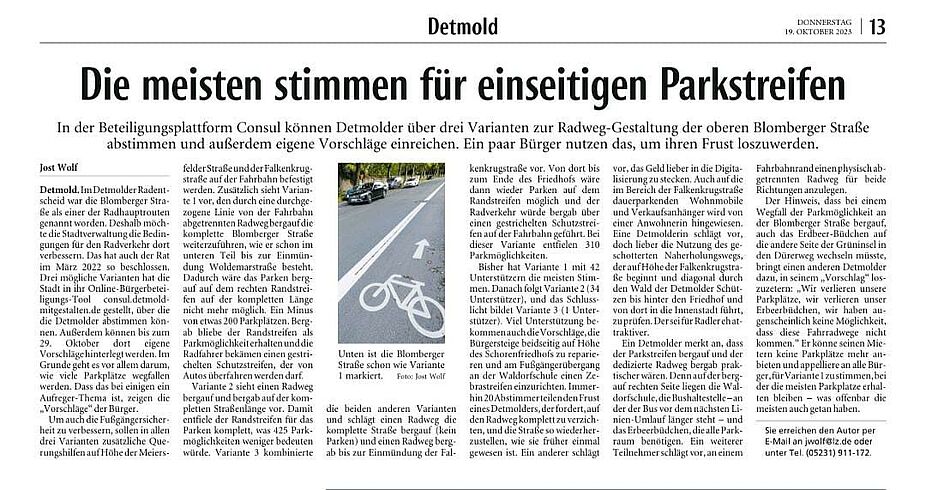LZ Detmold - 19.10.2023 - Bericht zur Diskussion Umgestaltung mehr Platz fürs Rad Blomberger Straße LZ Detmold - 19.10.2023 - Bericht zur Diskussion Umgestaltung mehr Platz fürs Rad Blomberger Straße