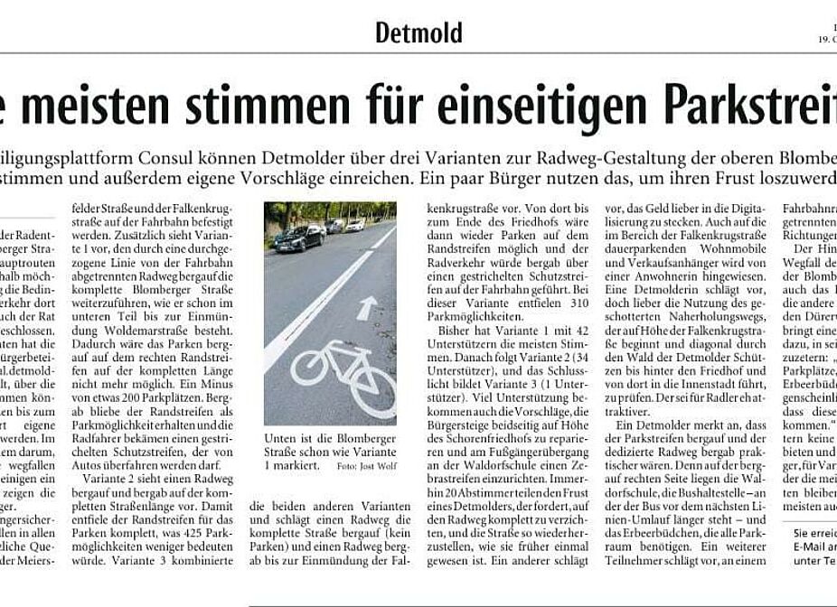 LZ Detmold - 19.10.2023 - Bericht zur Diskussion Umgestaltung mehr Platz fürs Rad Blomberger Straße LZ Detmold - 19.10.2023 - Bericht zur Diskussion Umgestaltung mehr Platz fürs Rad Blomberger Straße