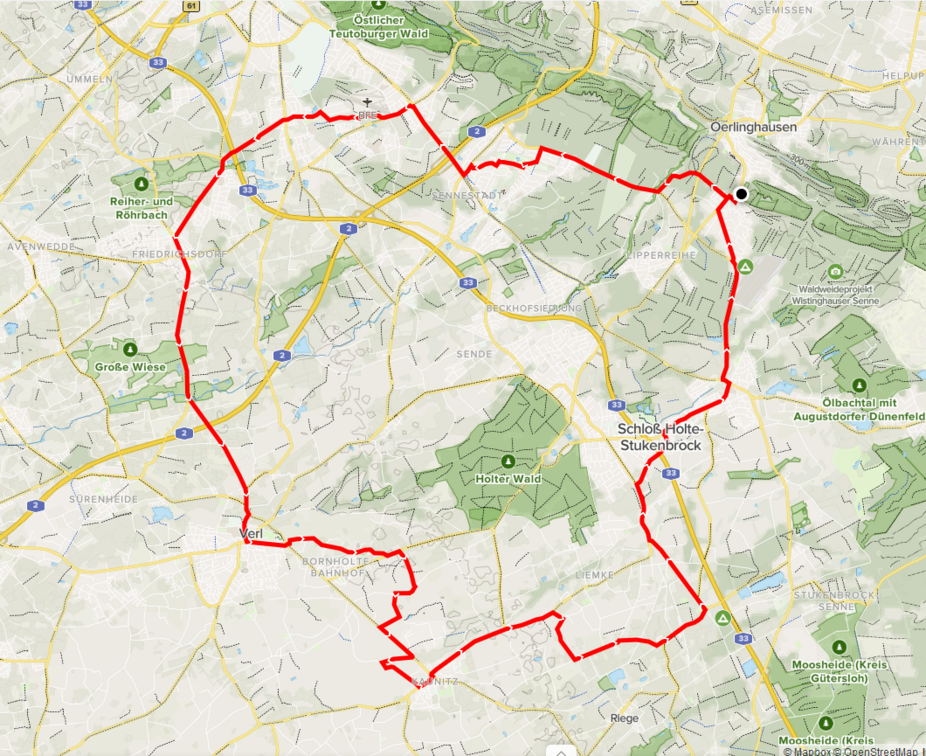 Oerlinghausen 2. Tour Karte - Rundkurs nach Verl