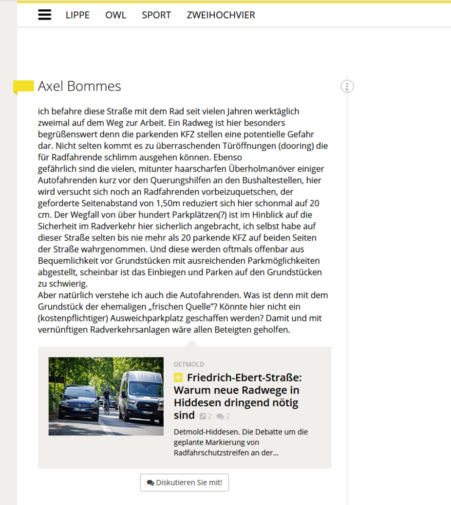 6. Juni 2023 LZ Online-Leserbrief Detmold Friedrich-Ebert-Straße 6.6.23 - LZ Online: Leserbrief zu Detmold Friedrich-Ebert-Straße