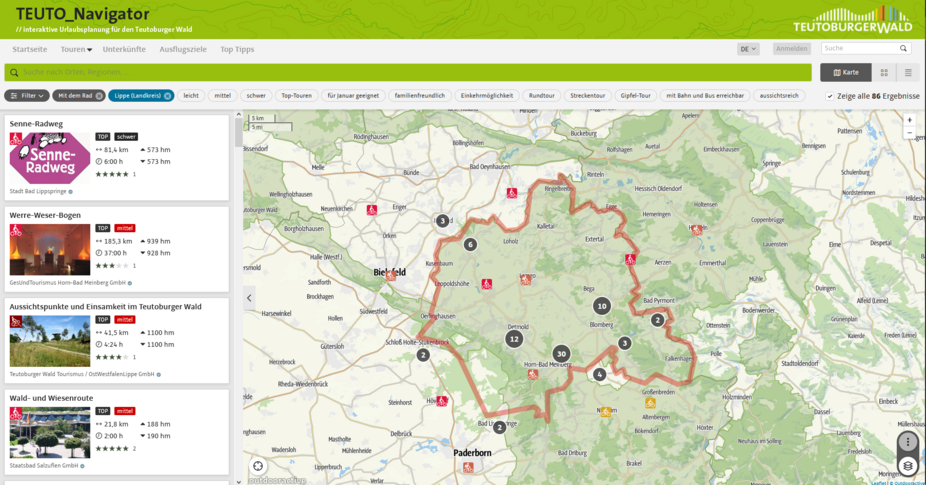 Teutonavigator Auswahlkarte Radtouren Teutoburger Wald www.teutonavigator.de Radtouren im Landkreis Lippe ADFC Lippe