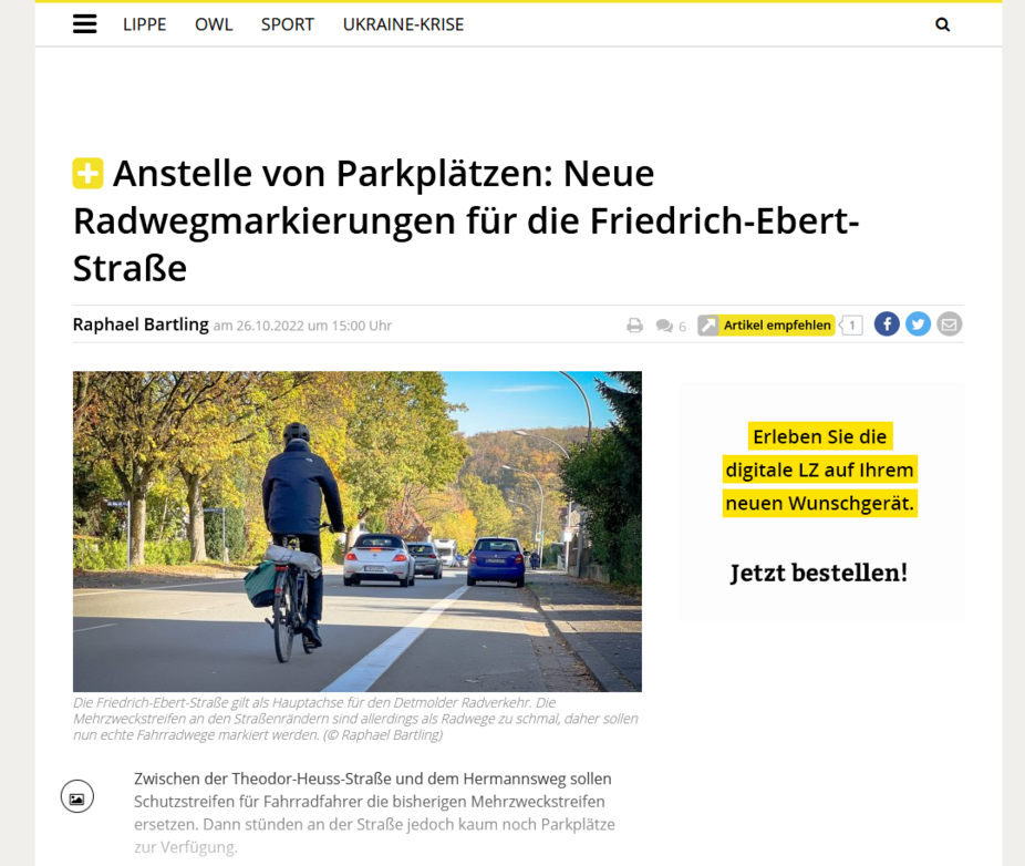 LZ-Redaktion-Bericht - Radverkehr Detmold Friedrich-Ebert-Straße LZ - Detmold, Bericht Radverkehr statt Parkplätze entlang der Friedrich-Ebert-Straße